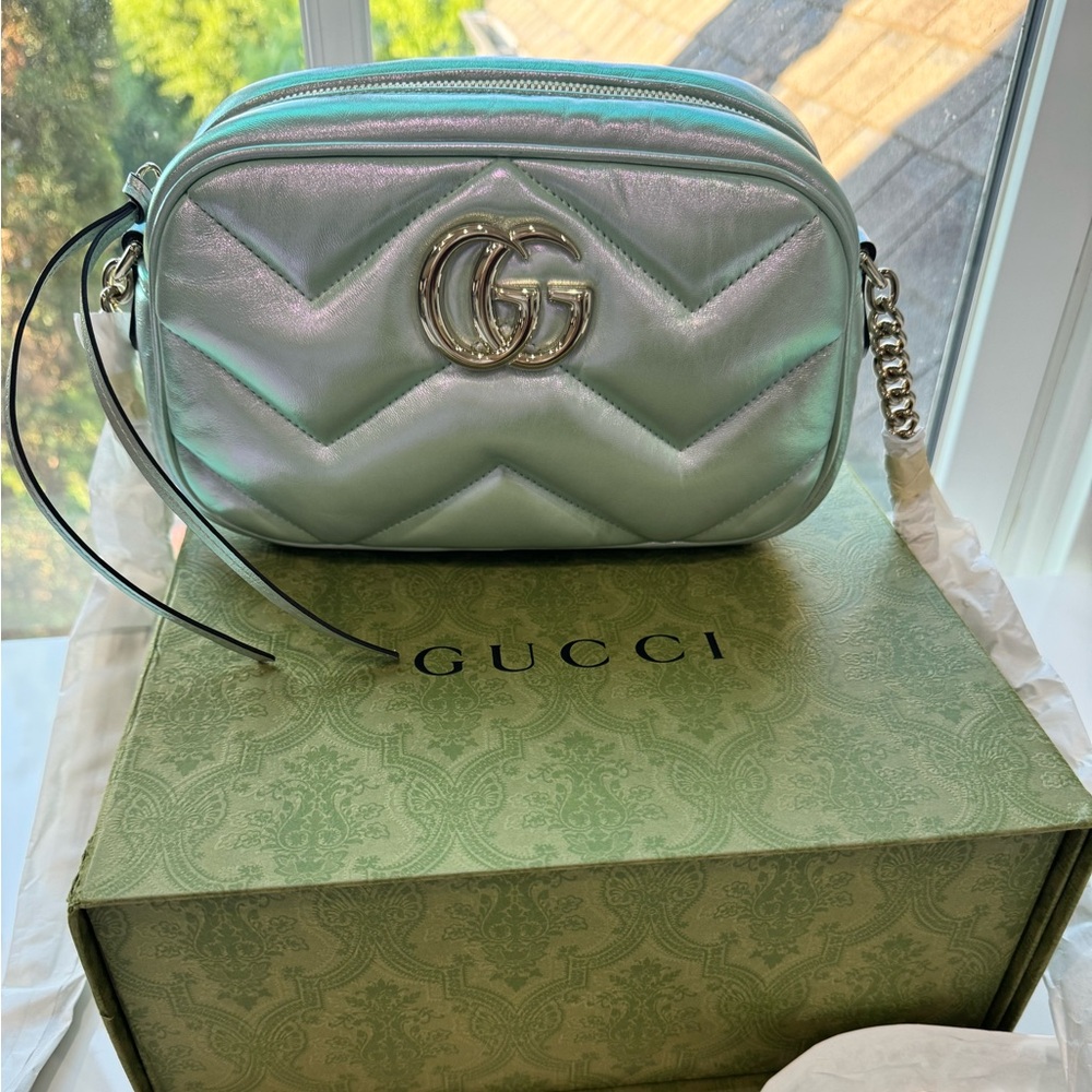 Gucci GG Marmont Small Camera Shoulder Bag in Metallic Aqua